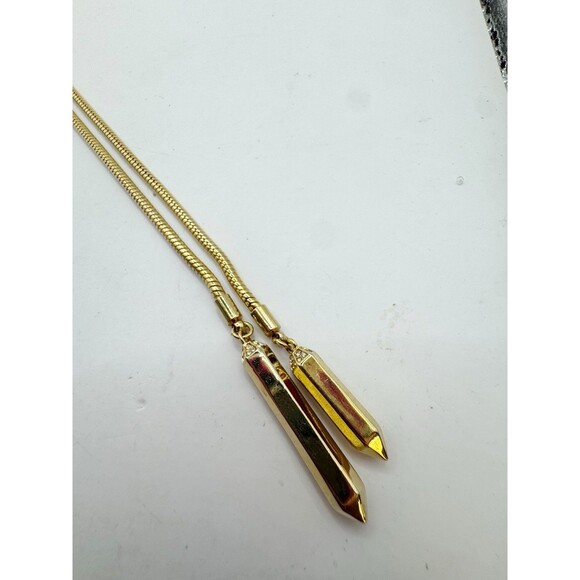 Gold Plated Lariat Necklace Snake Chain Geometric Rhinestone Drop Beads - Picture 9 of 10